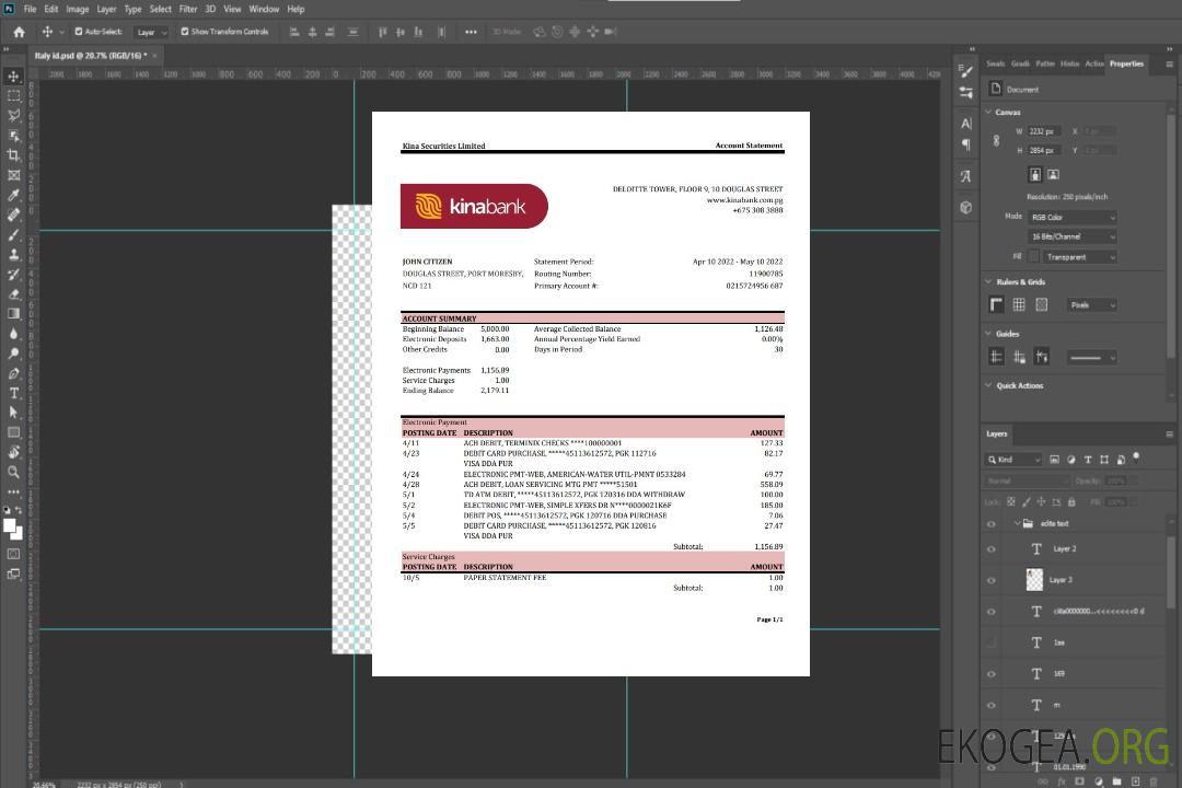 Relevé bancaire de Papouasie-Nouvelle-Guinée Kina Securities Limites template